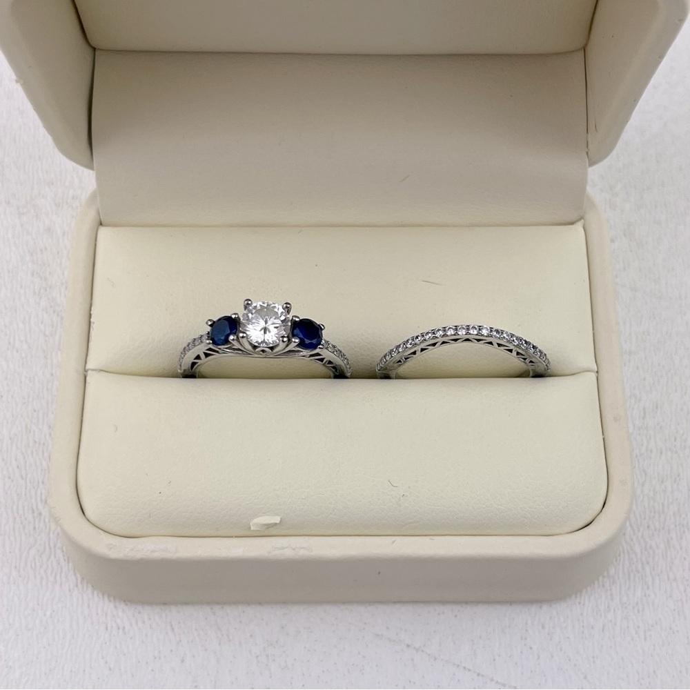 Wedding Ring Set Silver Ring and Band Blue Sapphire and Cubic Zirconia Diamond
